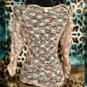 Pink Floral Lace Sheer Long Sleeve Top